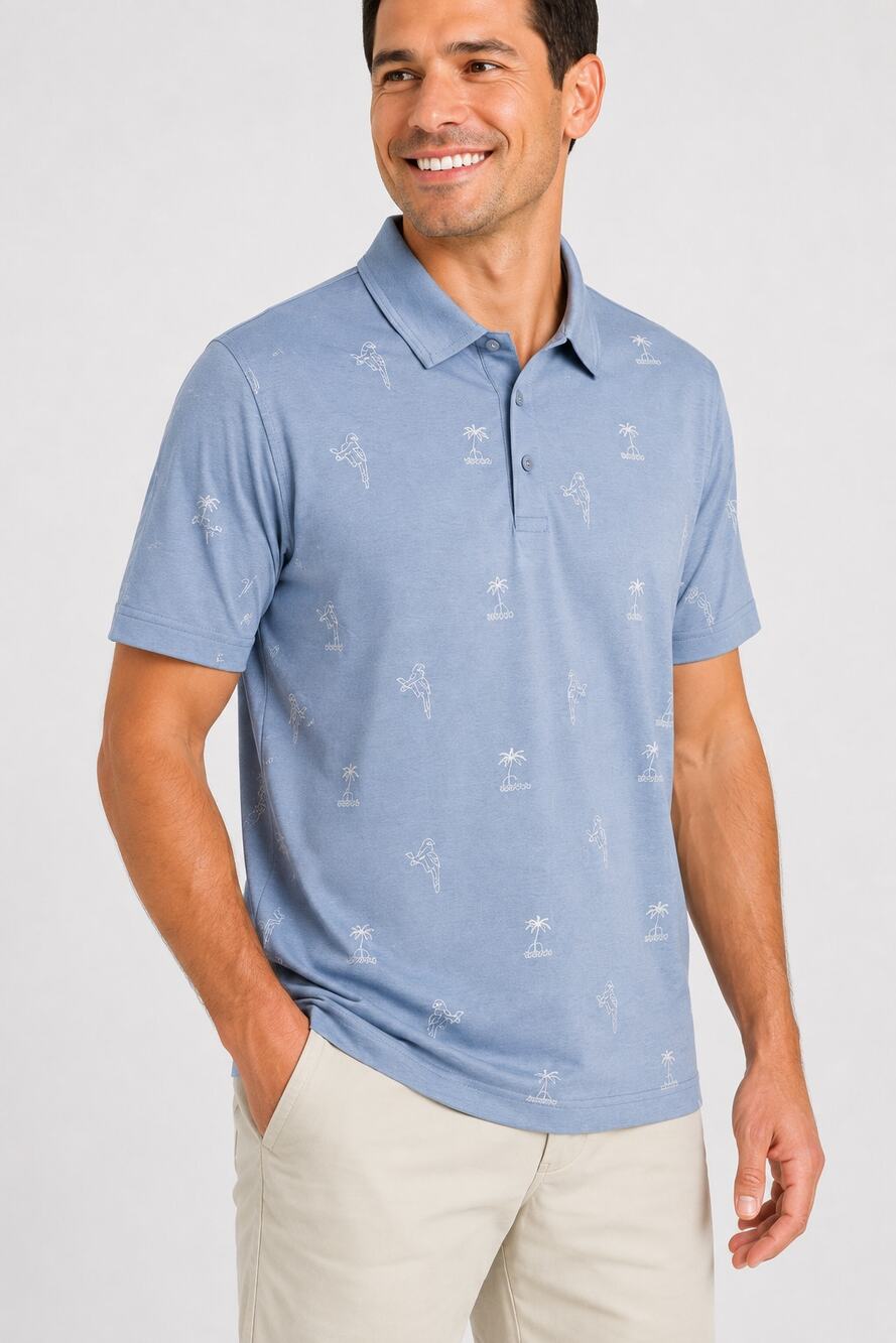 Travis Mathew Parrot & Palm Trees Polo Shirt Mens Medium Blue Golf Short Sleeve